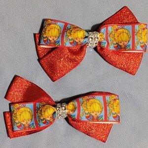 Pair of Rainbow Brite Hair Bows with Clips Glittery Red with Clear Rhinestones